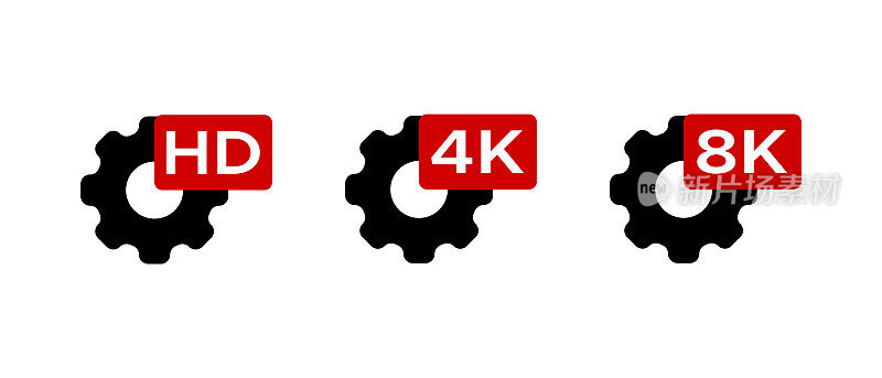 高清4K 8K设置矢量图标设置。高分辨率视频格式符号，矢量插图